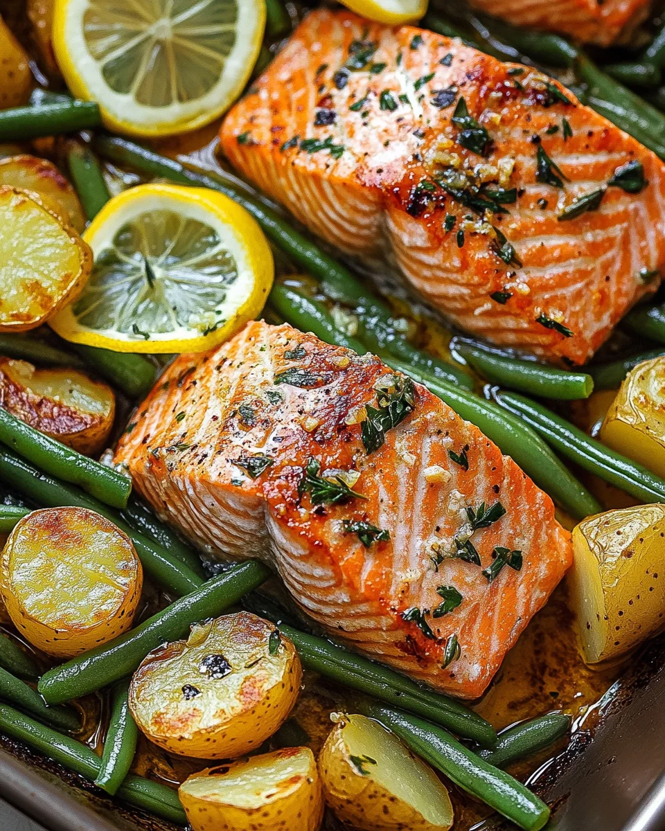 Einfaches Blechlachs Rezept mit gr&uuml;nen Bohnen und Kartoffeln