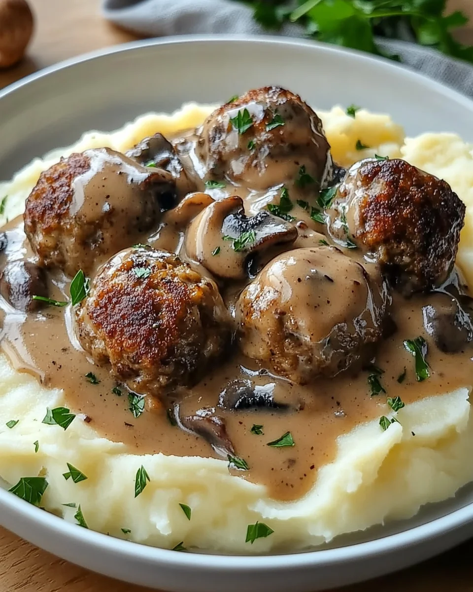 Fleischbällchen mit Kartoffelpüree und Champignonrahmsauce 22 Fleischbällchen
