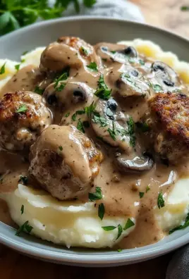Fleischbällchen mit Kartoffelpüree und Champignonrahmsauce