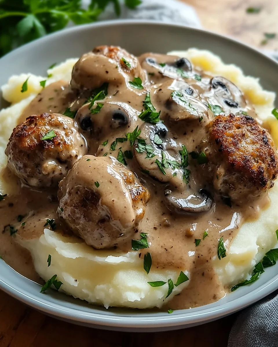 Fleischbällchen mit Kartoffelpüree und Champignonrahmsauce 24 Fleischbällchen mit Kartoffelpüree und Champignonrahmsauce