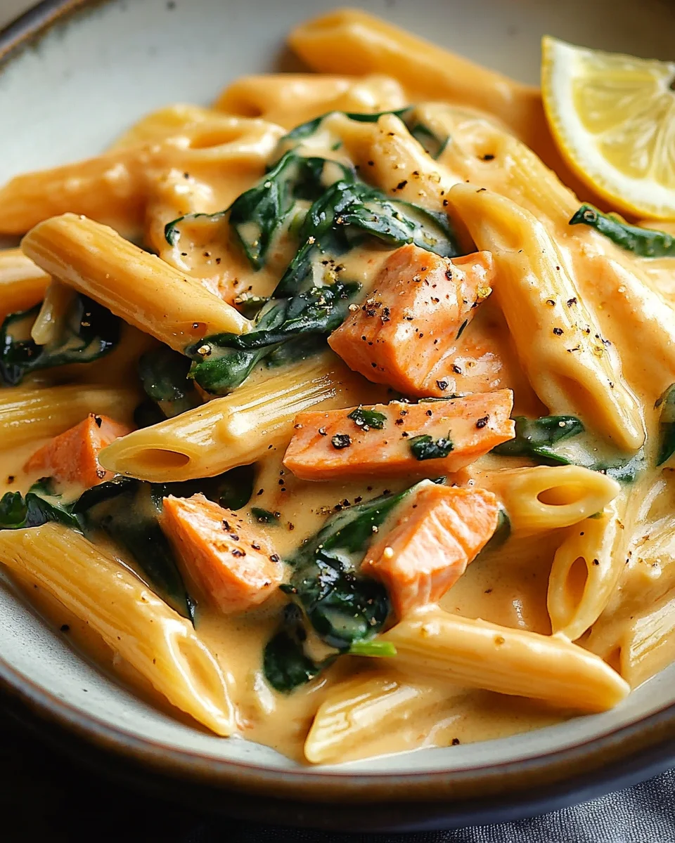 Penne in Lachs-Sahne-Sauce mit Spinat 21 Penne