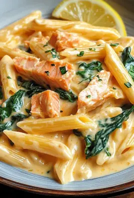 Penne in Lachs-Sahne-Sauce mit Spinat