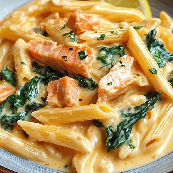 Penne in Lachs-Sahne-Sauce mit Spinat