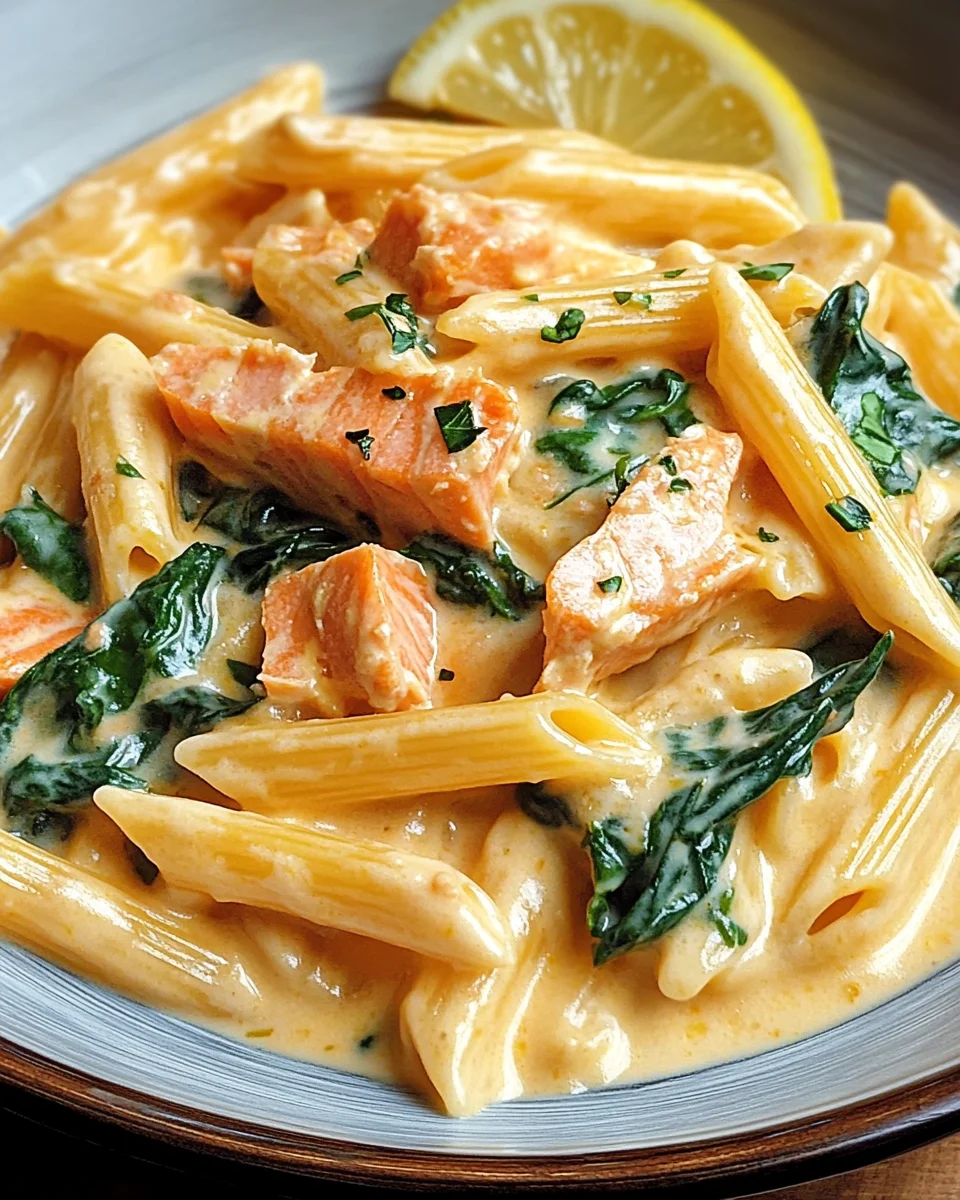 Penne in Lachs-Sahne-Sauce mit Spinat 23 Penne in Lachs-Sahne-Sauce mit Spinat