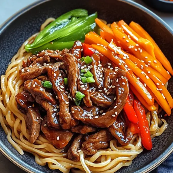 Reisnudeln mit Rindfleisch, Sojasauce und Gemüse