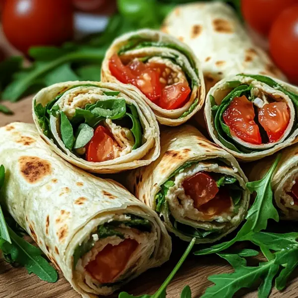 Vegetarische Wrap-Röllchen mit Rucola und Tomaten