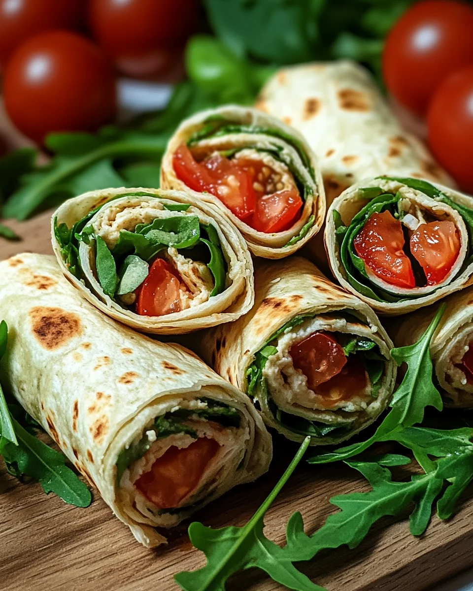 Vegetarische Wrap-Röllchen mit Rucola und Tomaten