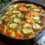 Vegetarischer Kartoffelauflauf mit Zucchini, Karotten und Zwiebeln