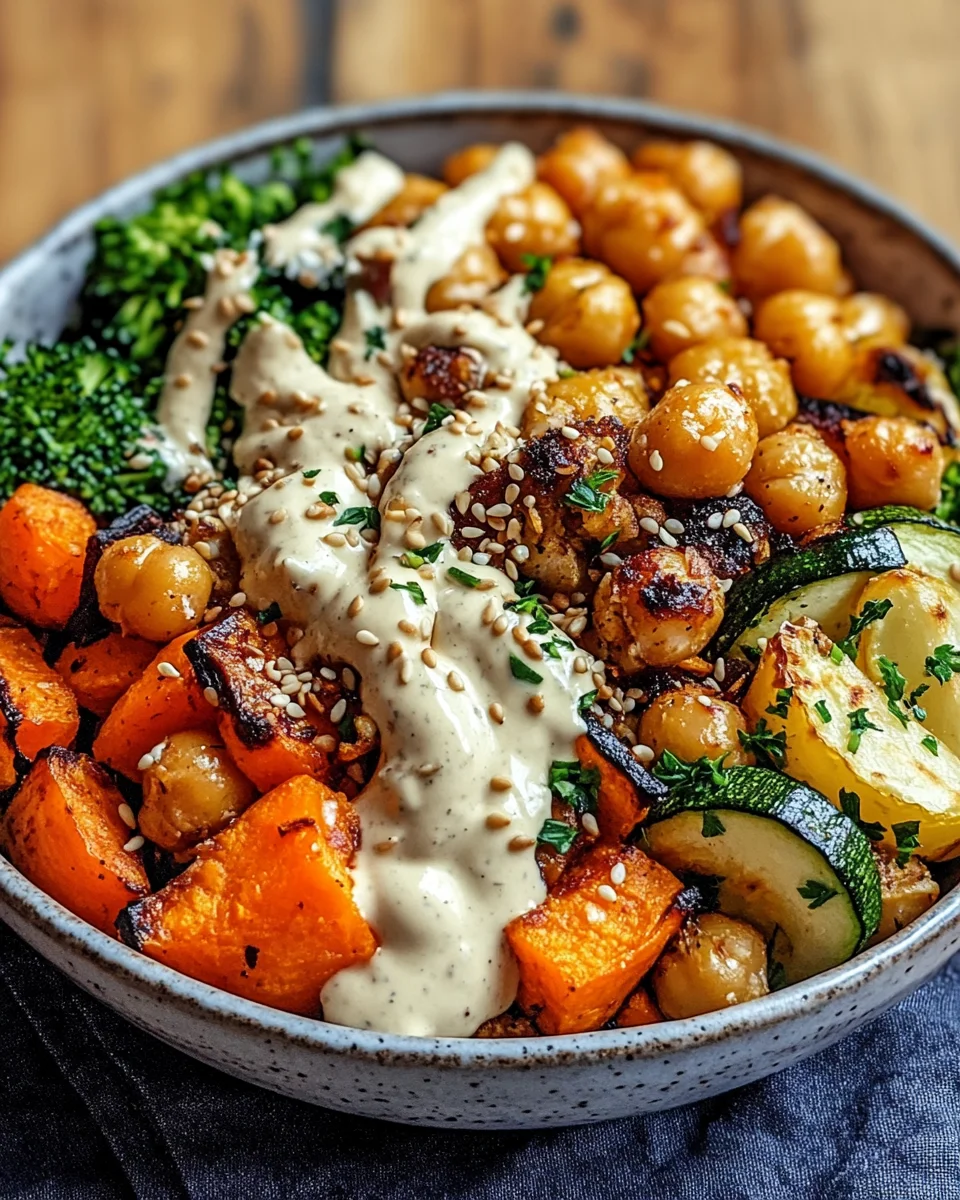 Bowl mit geröstetem Gemüse und Kichererbsen mit Tahini-Dressing 29 Bowl