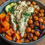 Bowl mit ger&ouml;stetem Gem&uuml;se und Kichererbsen mit Tahini-Dressing