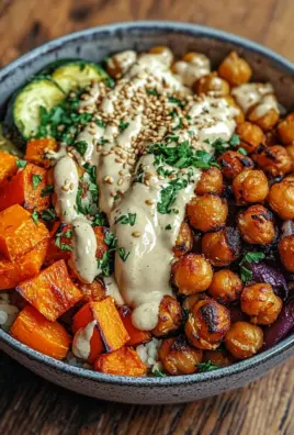 Bowl mit geröstetem Gemüse und Kichererbsen mit Tahini-Dressing