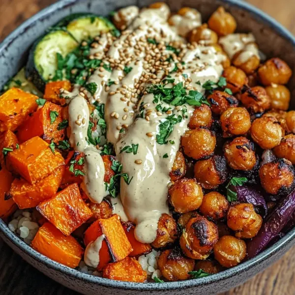 Bowl mit geröstetem Gemüse und Kichererbsen mit Tahini-Dressing