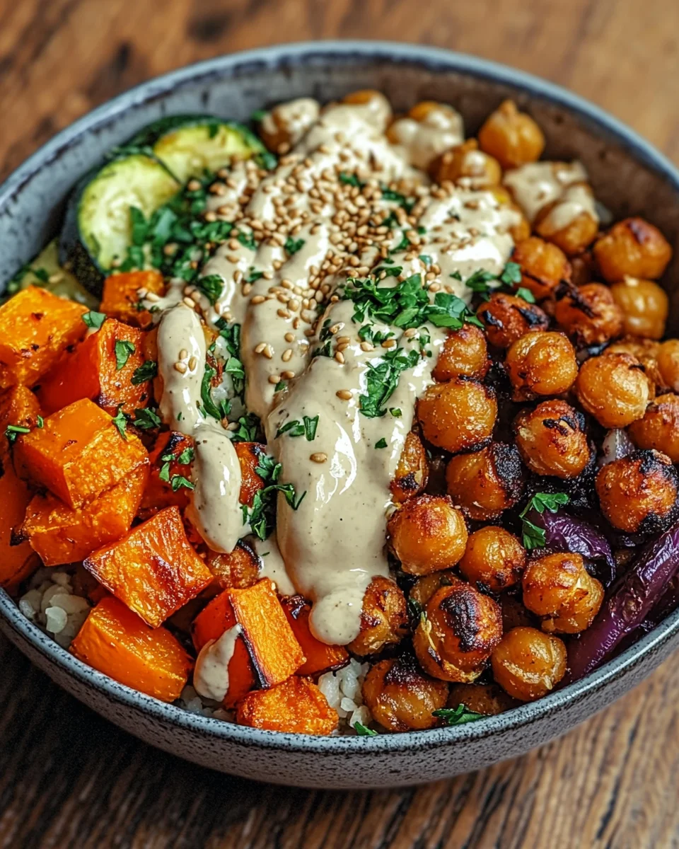 Bowl mit geröstetem Gemüse und Kichererbsen mit Tahini-Dressing