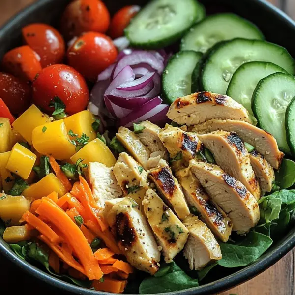 Bunte Salat Bowl mit Avocado, Hähnchen und Knoblauchdressing