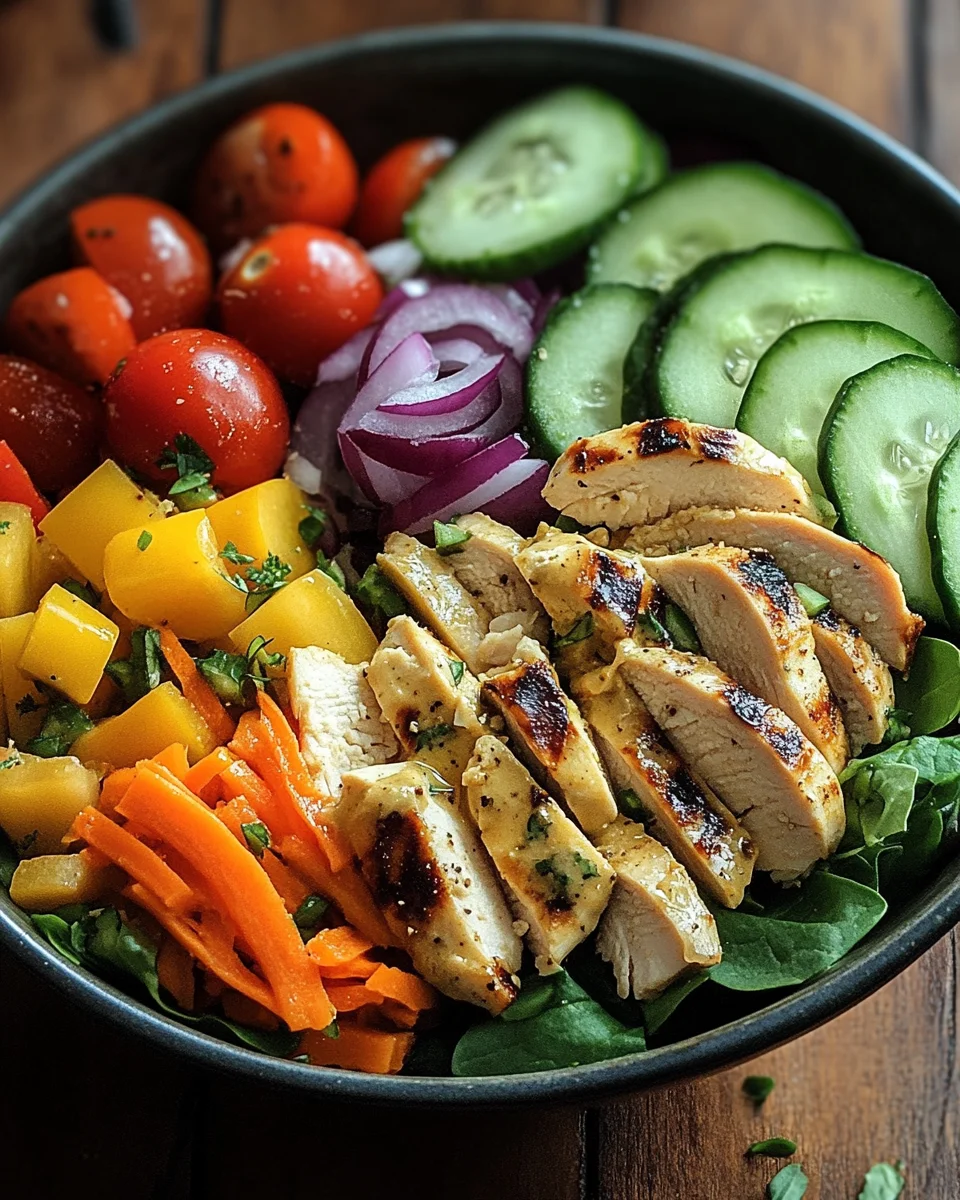 Bunte Salat Bowl mit Avocado, Hähnchen und Knoblauchdressing