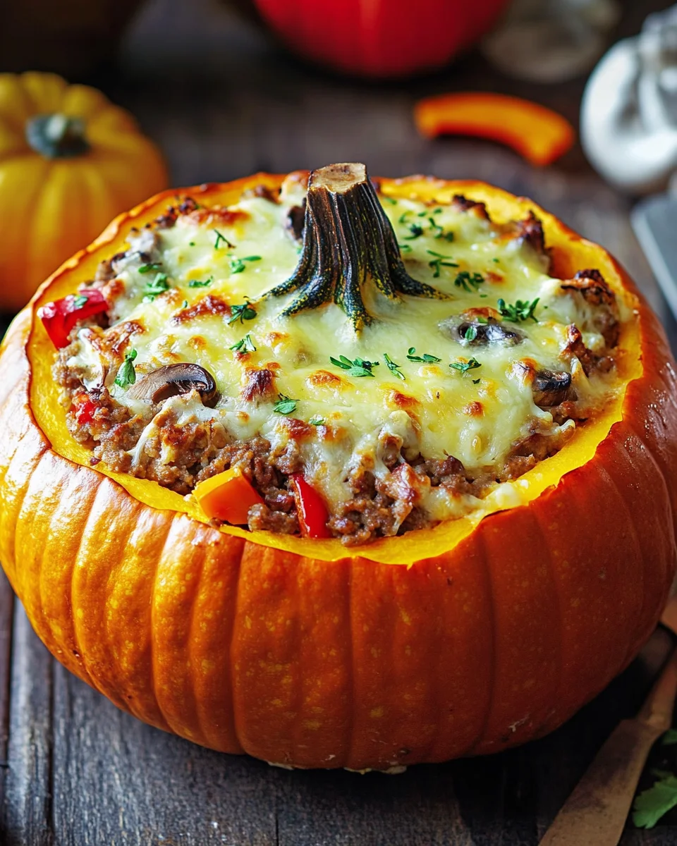 Gefüllter Kürbis mit Fleisch, Champignons, Paprika und Käse aus dem Ofen 19 Gefüllter
