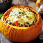 Gef&uuml;llter K&uuml;rbis mit Fleisch, Champignons, Paprika und K&auml;se aus dem Ofen