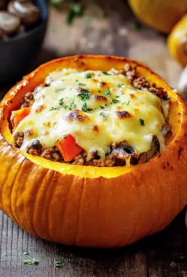 Gefüllter Kürbis mit Fleisch, Champignons, Paprika und Käse aus dem Ofen