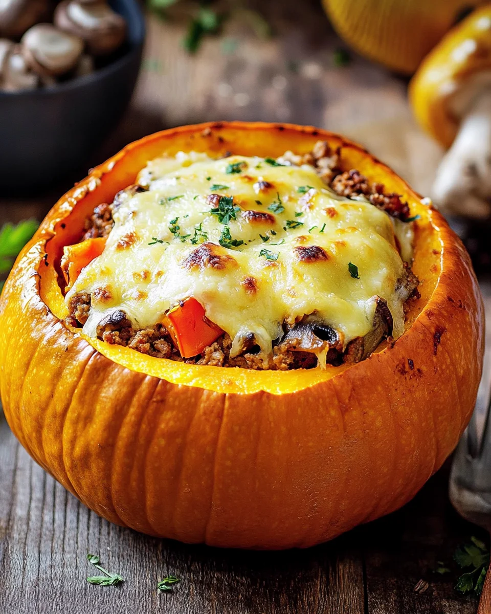 Gefüllter Kürbis mit Fleisch, Champignons, Paprika und Käse aus dem Ofen 21 Gefüllter Kürbis mit Fleisch, Champignons, Paprika und Käse aus dem Ofen