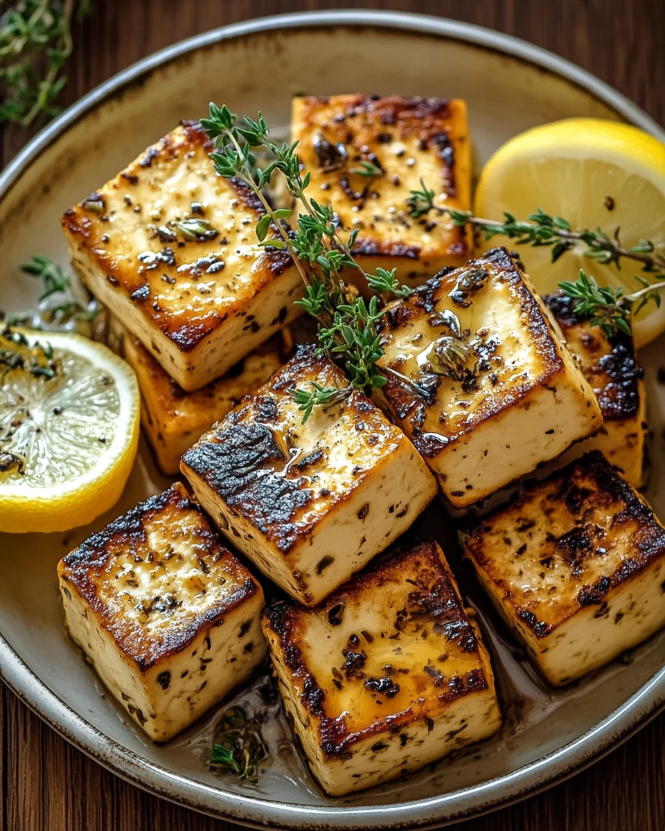 Griechischer gegrillter Tofu mit Zitrone und Thymian