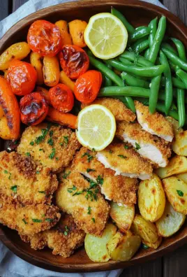 Panierte Parmesan Hähnchenschnitzel aus dem Ofen mit Gemüse und Kartoffelecken