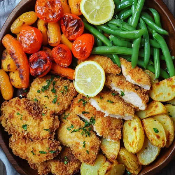 Panierte Parmesan Hähnchenschnitzel aus dem Ofen mit Gemüse und Kartoffelecken