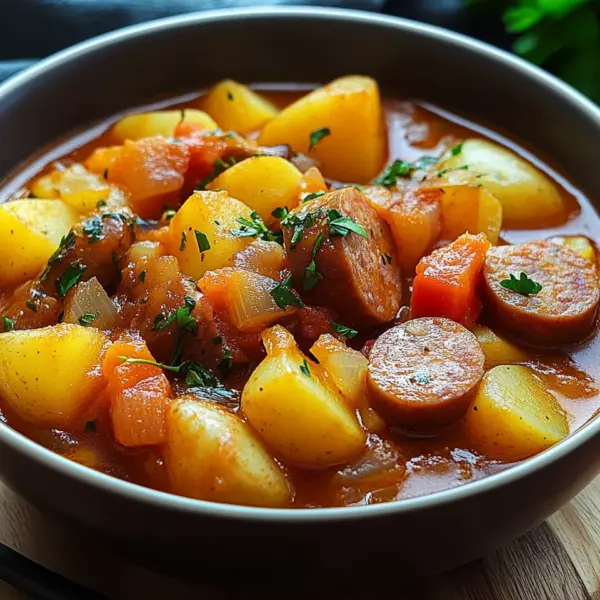 Kartoffelgulasch mit Würstchen