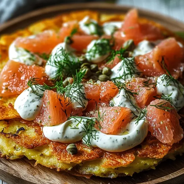 Knusprige Kartoffelgalette mit Räucherlachs und Crème Fraîche