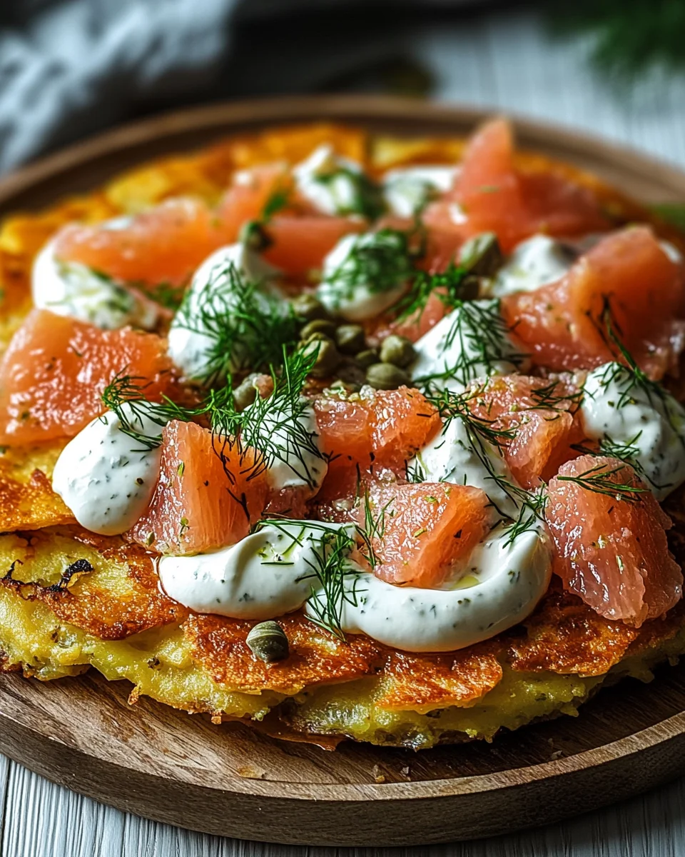 Knusprige Kartoffelgalette mit Räucherlachs und Crème Fraîche