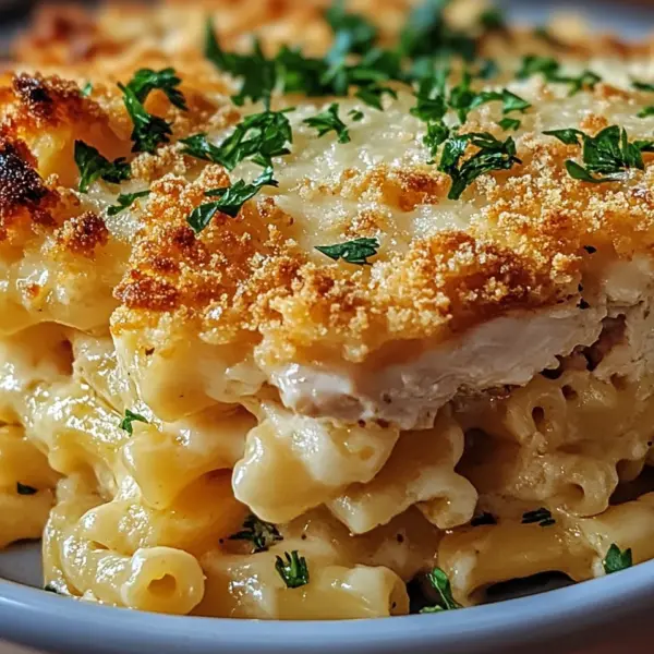 Knuspriger Nudel-Hähnchen-Auflauf mit Knoblauch und Parmesan