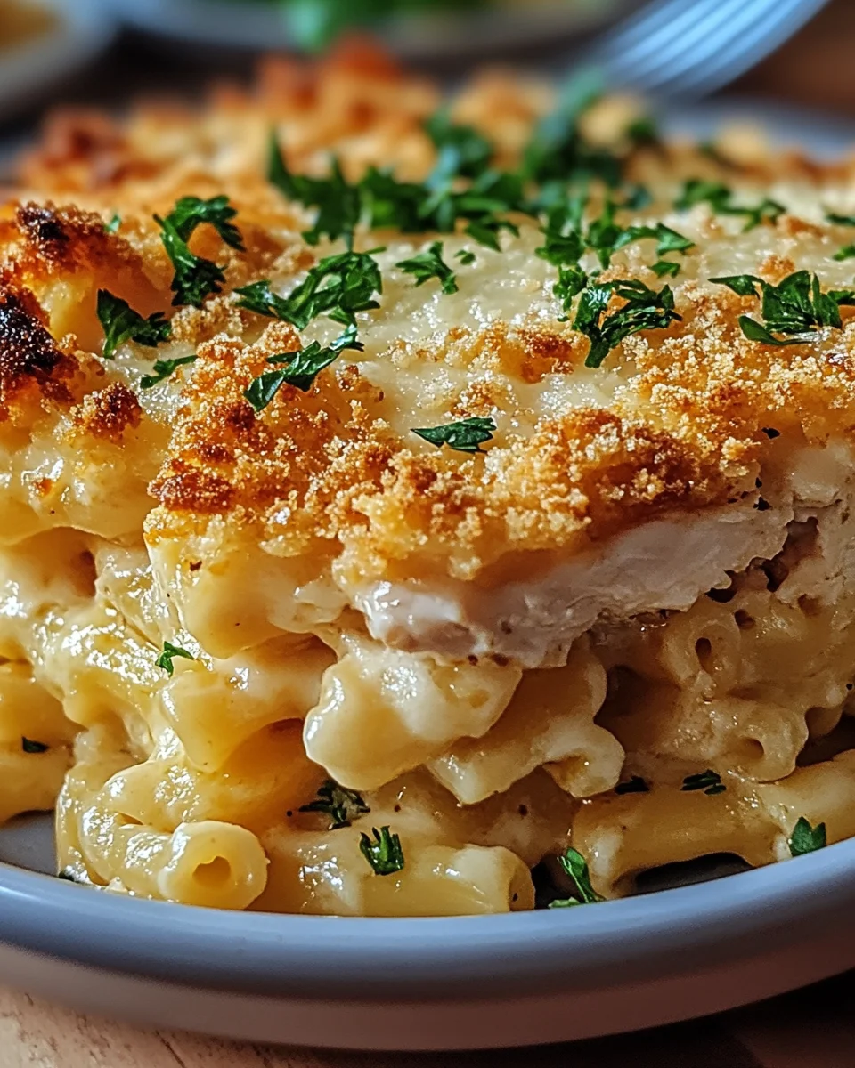 Knuspriger Nudel-H&auml;hnchen-Auflauf mit Knoblauch und Parmesan