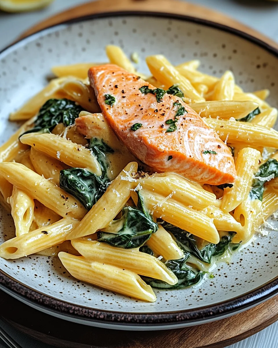 Lachs Penne mit Spinat