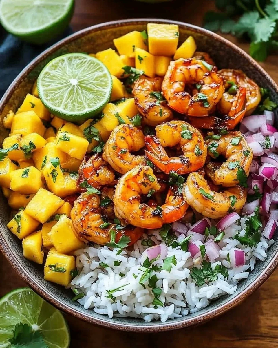 Pikante Garnelen und Mango Salsa Reisbowl
