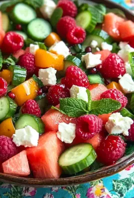 Sommersalat mit Melone, Gurke und Himbeeren