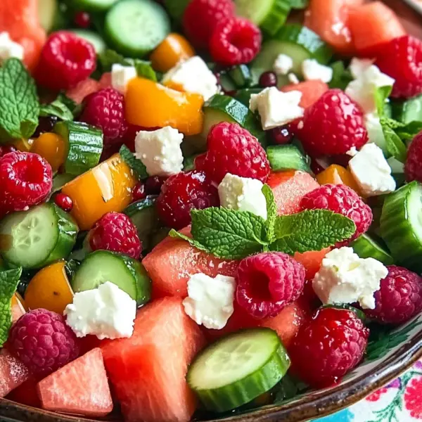 Sommersalat mit Melone, Gurke und Himbeeren