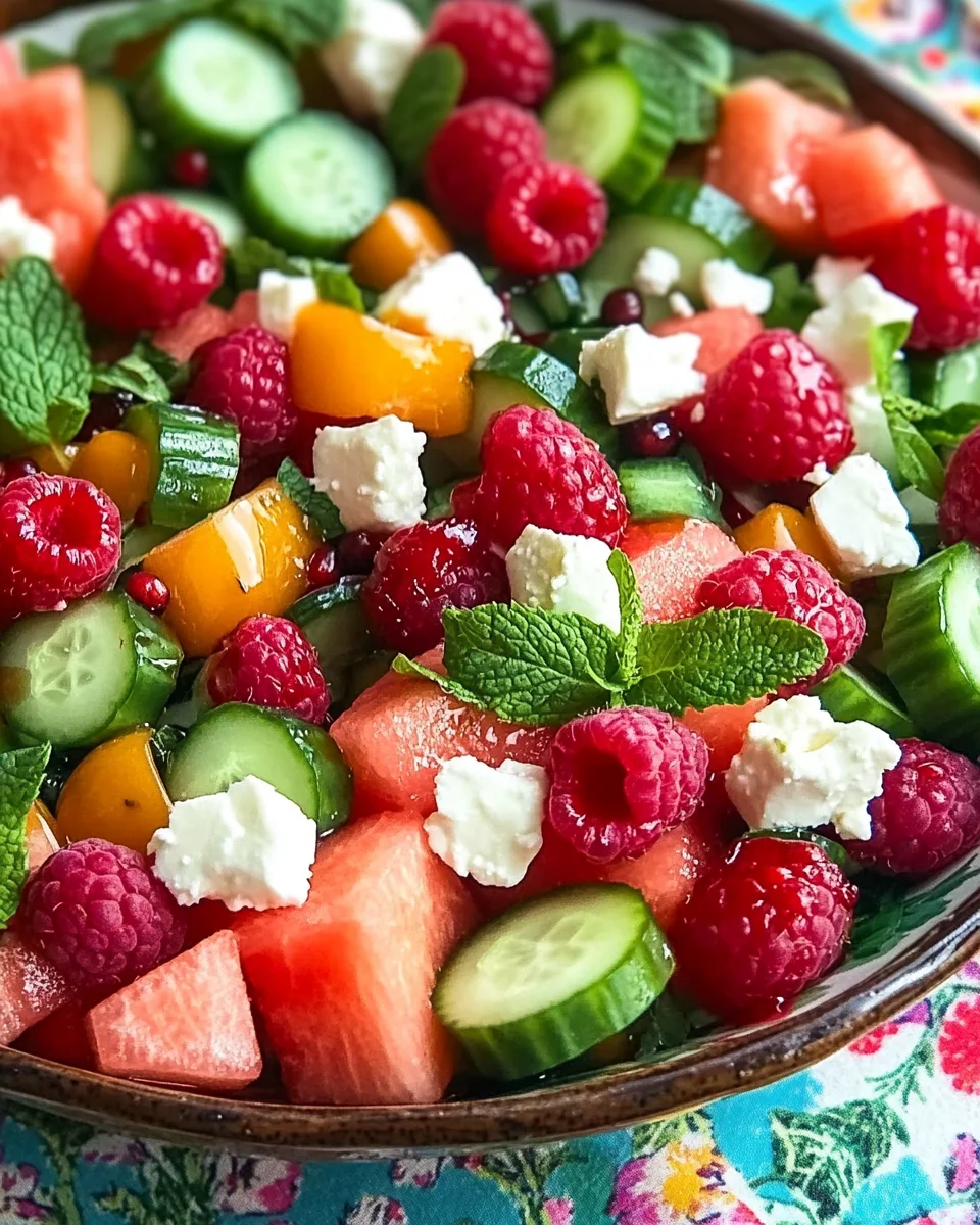 Sommersalat mit Melone, Gurke und Himbeeren