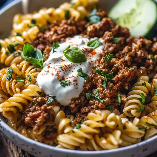 Türkische Pasta mit Hackfleisch und Joghurt-Sauce