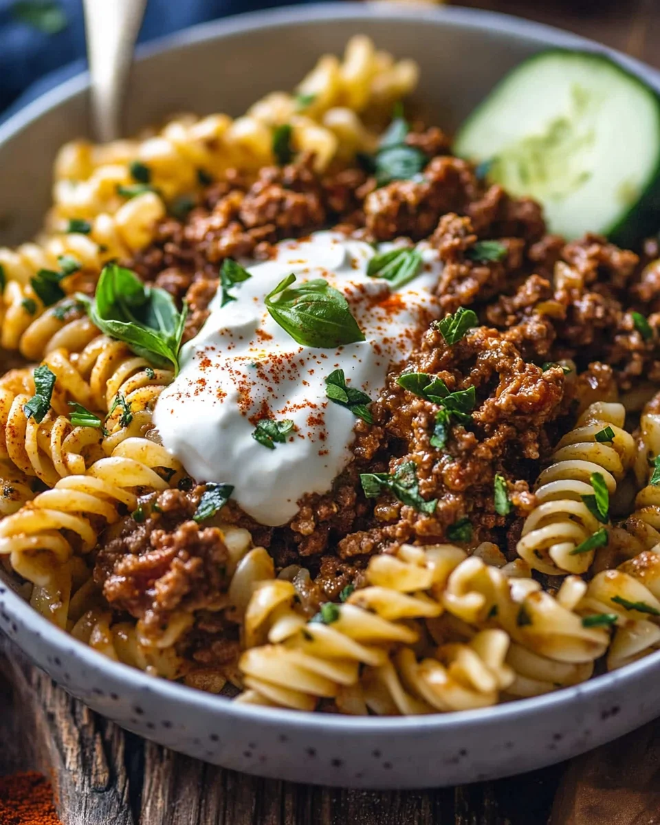 T&uuml;rkische Pasta mit Hackfleisch und Joghurt-Sauce