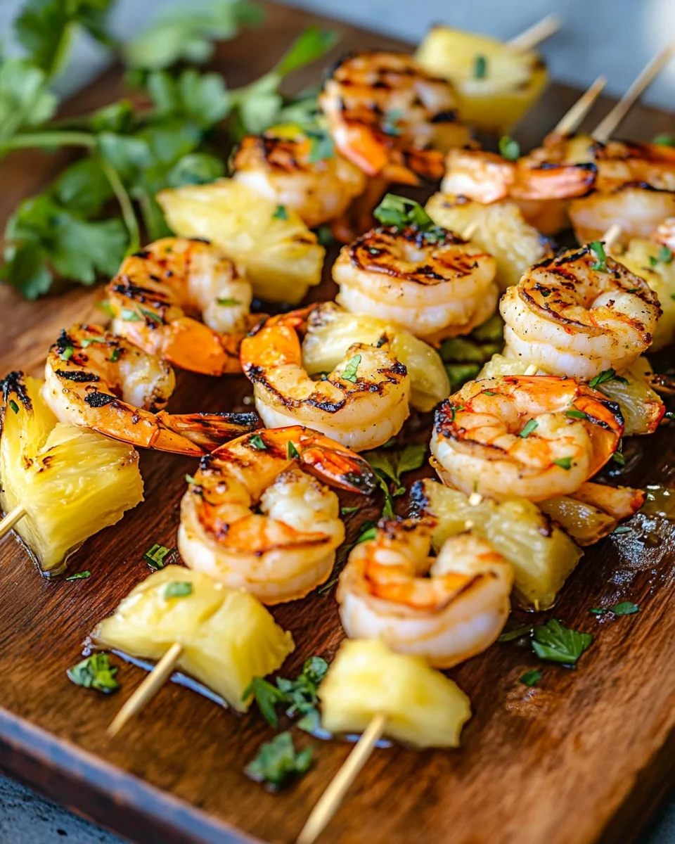 Gegrillte Garnelenspieße mit Ananas in Öl und Knoblauchsoße
