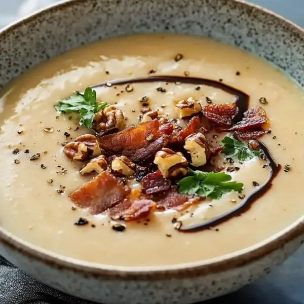 Maronensuppe mit karamellisierten Nüssen und Speck