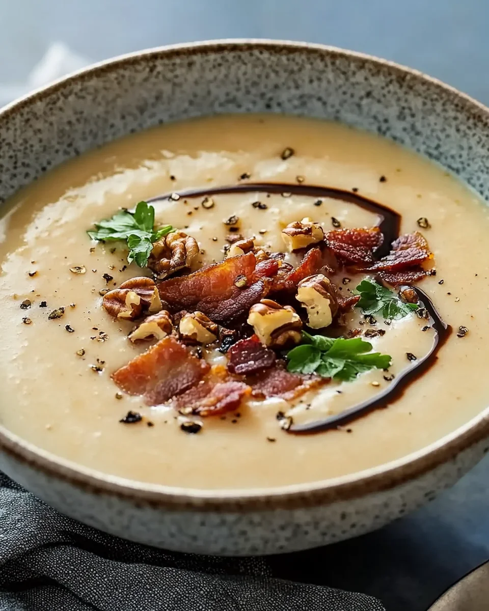 Maronensuppe mit karamellisierten Nüssen und Speck