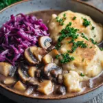 Pilz-Maronen Ragout mit Ofenkn&ouml;deln und Rotkraut