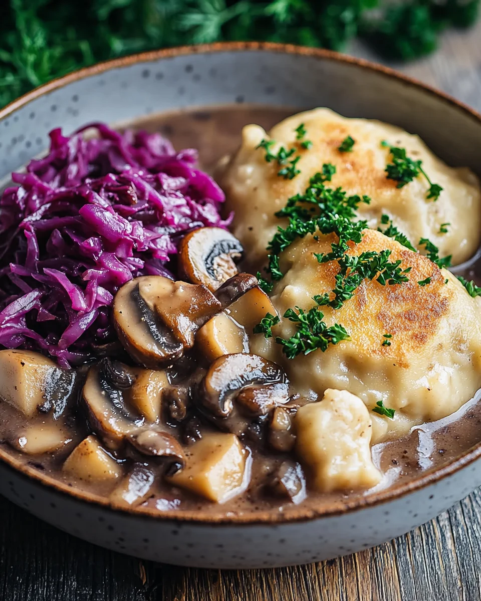 Pilz-Maronen Ragout mit Ofenkn&ouml;deln und Rotkraut