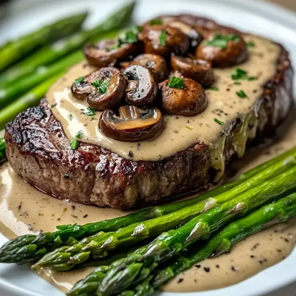 Ribeye Steak with Creamy Mushroom Sauce and Asparagus