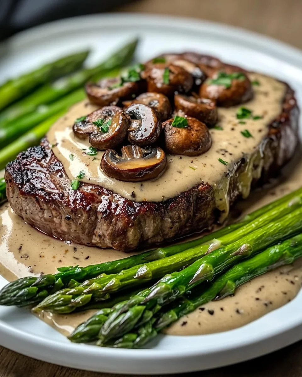 Ribeye Steak with Creamy Mushroom Sauce and Asparagus