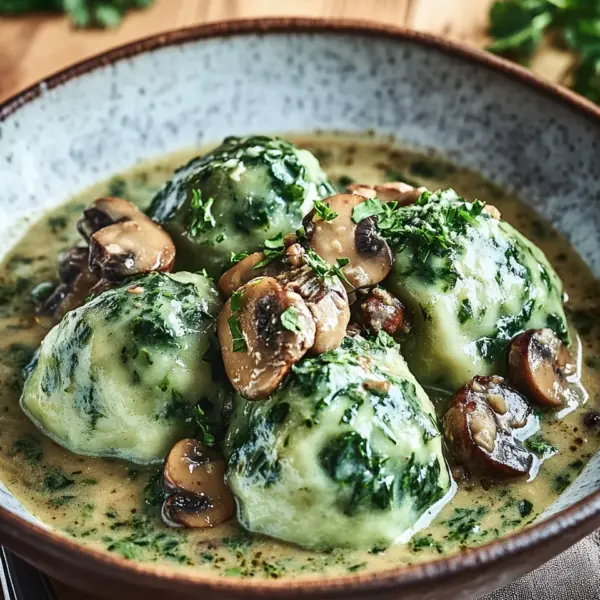 Spinat-Knödel mit Pilzragout
