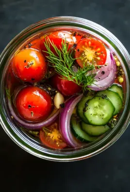 Eingelegte Kirschtomaten, Rote Zwiebeln und Gurken