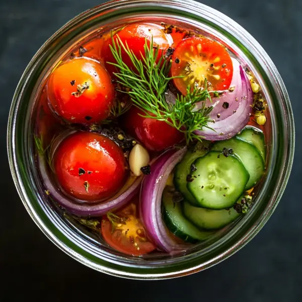 Eingelegte Kirschtomaten, Rote Zwiebeln und Gurken