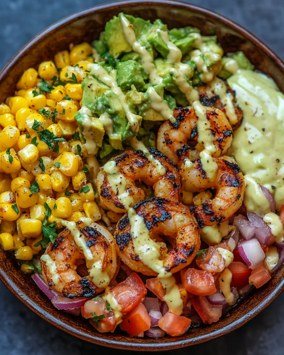 Gegrillte Garnelen Bowl mit Avocado Mais-Salsa & Cremiger Sauce 3 Gegrillte