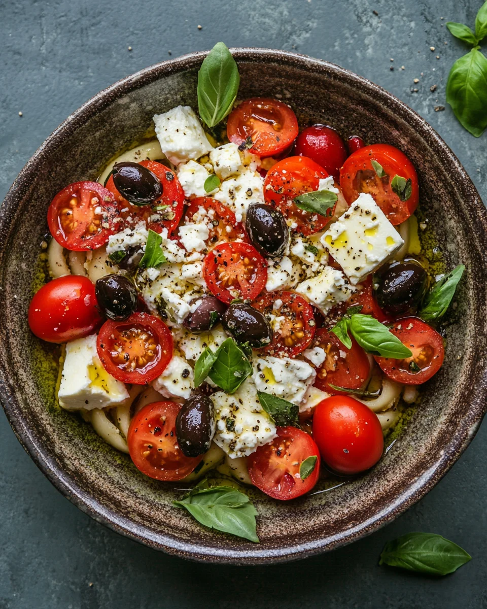 Griechische Reisnudeln mit Tomaten, Feta und Oliven